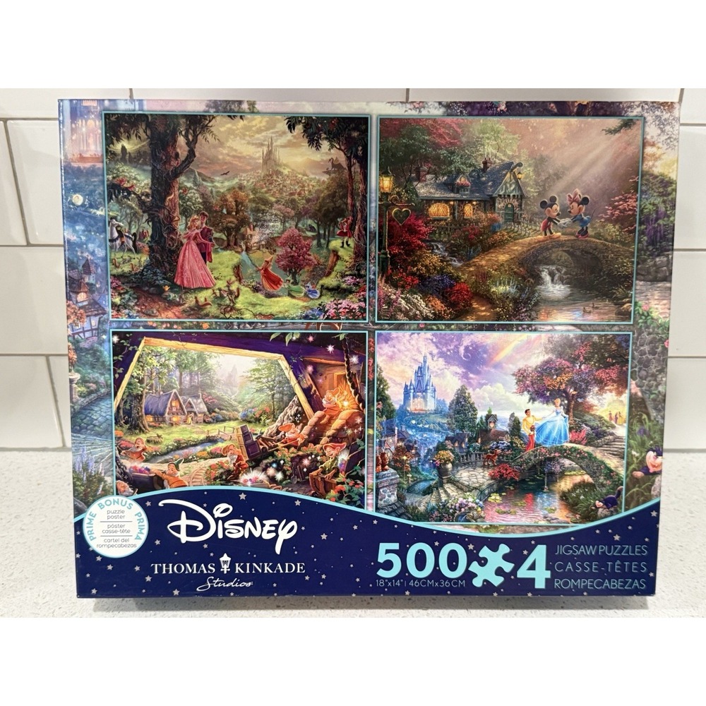 NIB Disney Thomas Kinkade 4 in 1 Jigsaw Puzzle 500pcX4 Mickey,Snow,Cinder,Beauty